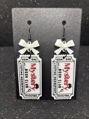 Mystery Book Club Ticket Drop Earrings with White Bows